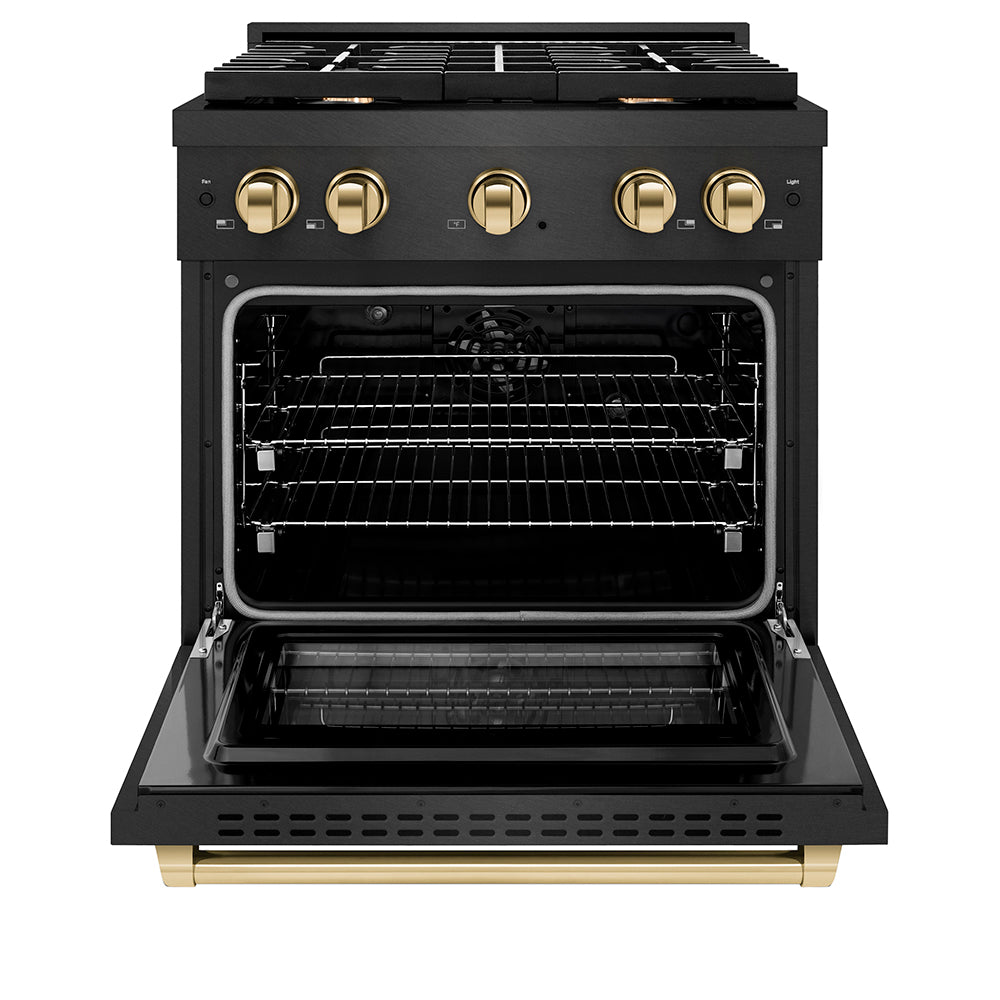ZLINE Autograph Edition 30 in. 4.2 cu. ft. Paramount Dual Fuel Range with 4 Burner Gas Cooktop and Electric Convection Oven in Black Satin Stainless Steel with Polished Gold Accents (SDRBSZ-30-G) front, oven open.