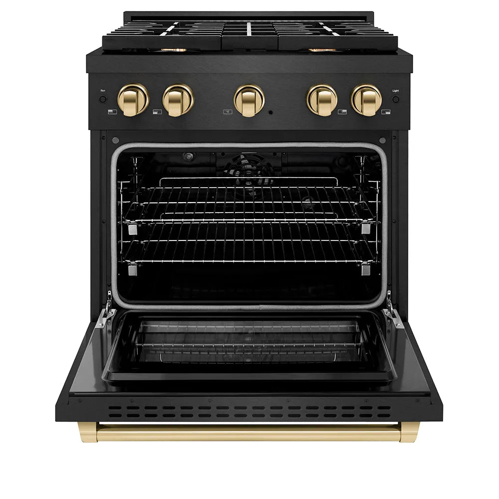 ZLINE Autograph Edition 30 in. 4.2 cu. ft. Paramount Dual Fuel Range with 4 Burner Gas Cooktop and Electric Convection Oven in Black Satin Stainless Steel with Polished Gold Accents (SDRBSZ-30-G) front, oven open.