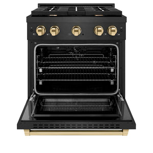 ZLINE Autograph Edition 30 in. 4.2 cu. ft. Paramount Dual Fuel Range with 4 Burner Gas Cooktop and Electric Convection Oven in Black Satin Stainless Steel with Polished Gold Accents (SDRBSZ-30-G) front, oven open.