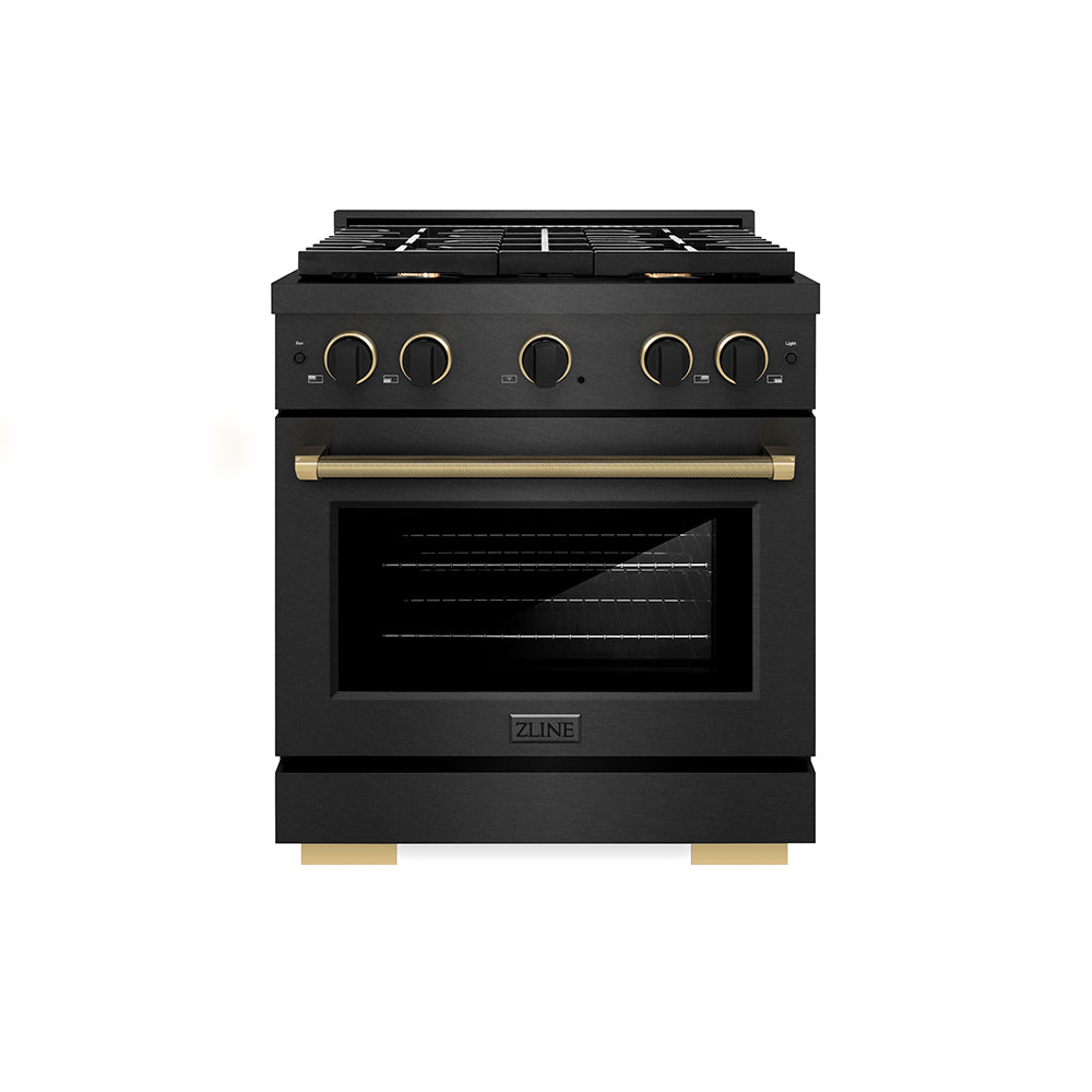 ZLINE Designer Collection 30 in. 4.2 cu. ft. Paramount Dual Fuel Range with 4 Burner Gas Cooktop and Electric Convection Oven in Black Satin Stainless Steel with Matte Black and Champagne Bronze Accents (SDRBSZ-30-MBCB)