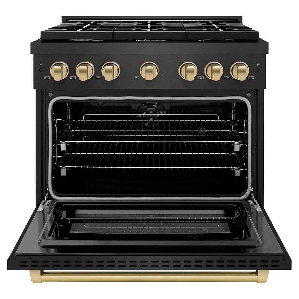 ZLINE Autograph Edition 36 in. 5.2 cu. ft. Paramount Dual Fuel Range with 6 Burner Gas Cooktop and Electric Convection Oven in Black Satin Stainless Steel with Champagne Bronze Accents (SDRBSZ-36-CB) front, oven open.