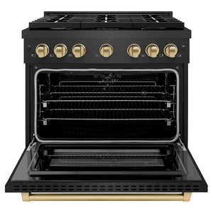 ZLINE Autograph Edition 36 in. 5.2 cu. ft. Paramount Dual Fuel Range with 6 Burner Gas Cooktop and Electric Convection Oven in Black Satin Stainless Steel with Champagne Bronze Accents (SDRBSZ-36-CB) front, oven open.