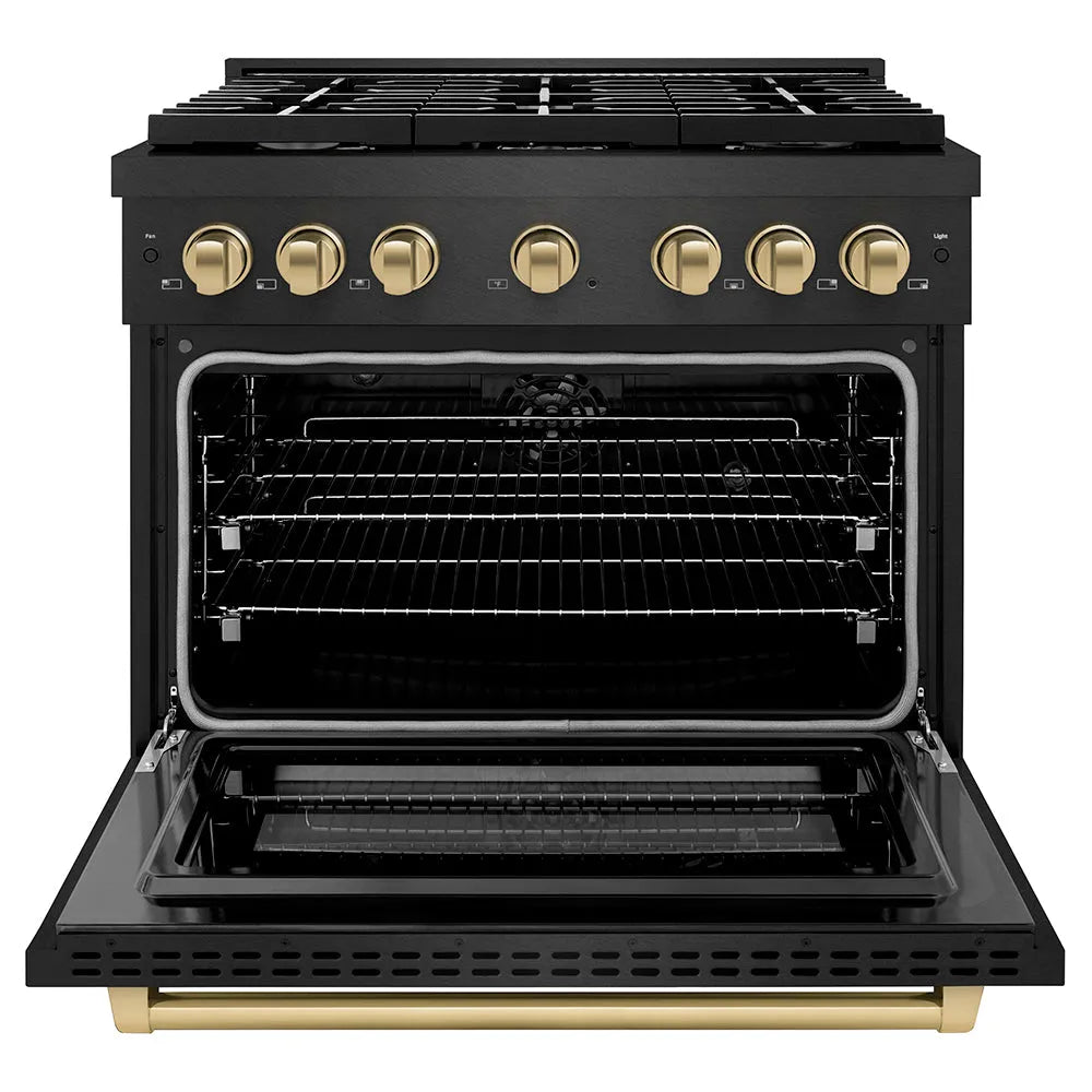 ZLINE Autograph Edition 36 in. 5.2 cu. ft. Paramount Dual Fuel Range with 6 Burner Gas Cooktop and Electric Convection Oven in Black Satin Stainless Steel with Champagne Bronze Accents (SDRBSZ-36-CB) front, oven open.