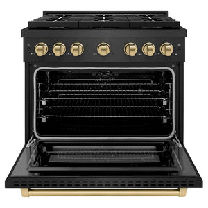 ZLINE Autograph Edition 36 in. 5.2 cu. ft. Paramount Dual Fuel Range with 6 Burner Gas Cooktop and Electric Convection Oven in Black Satin Stainless Steel with Champagne Bronze Accents (SDRBSZ-36-CB) front, oven open.