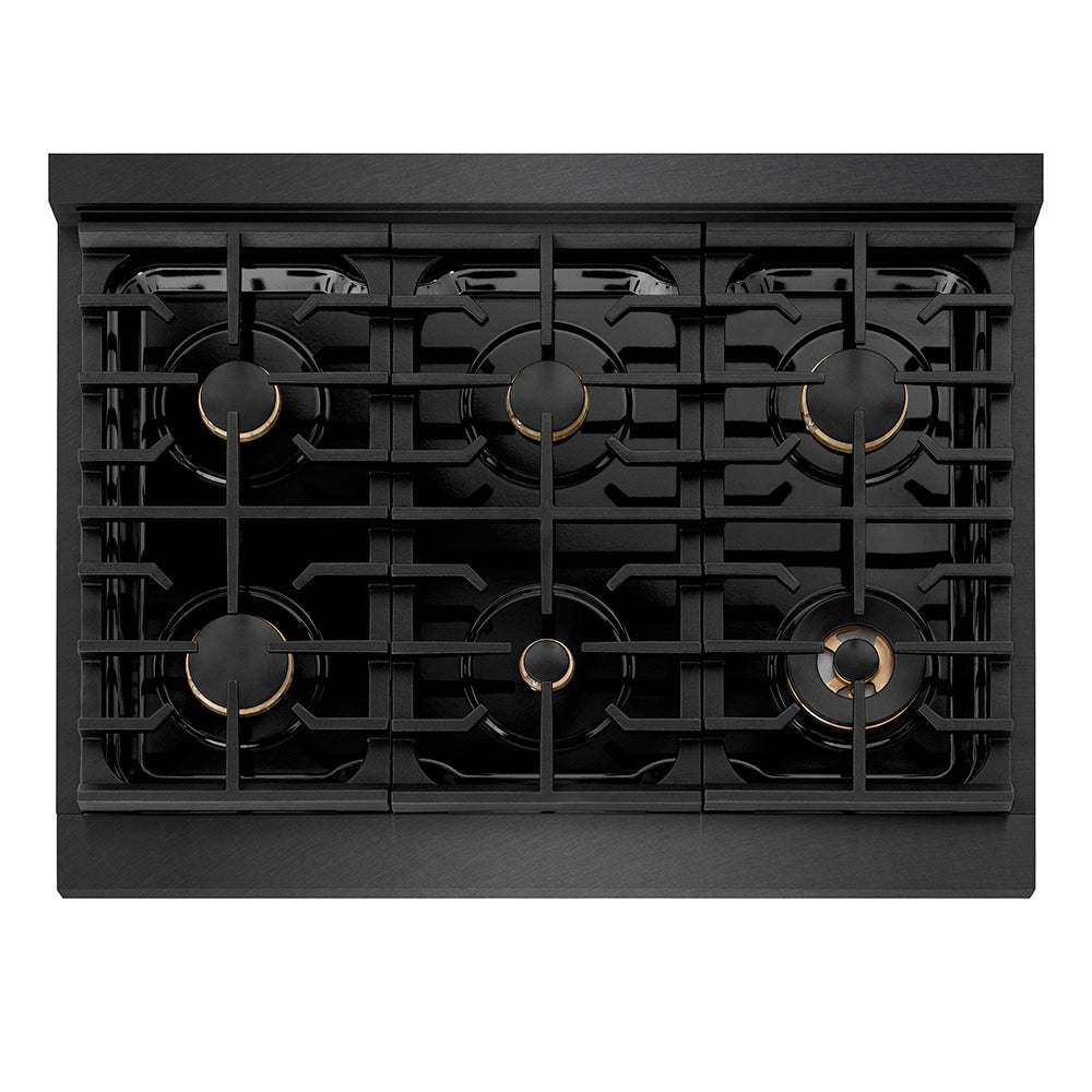 ZLINE Autograph Edition 36 in. 5.2 cu. ft. Paramount Dual Fuel Range with 6 Burner Gas Cooktop and Electric Convection Oven in Black Satin Stainless Steel with Champagne Bronze Accents (SDRBSZ-36-CB) top-down, above cooktop.