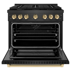 ZLINE Autograph Edition 36 in. 5.2 cu. ft. Paramount Dual Fuel Range with 6 Burner Gas Cooktop and Electric Convection Oven in Black Satin Stainless Steel with Polished Gold Accents (SDRBSZ-36-G) front, oven open.