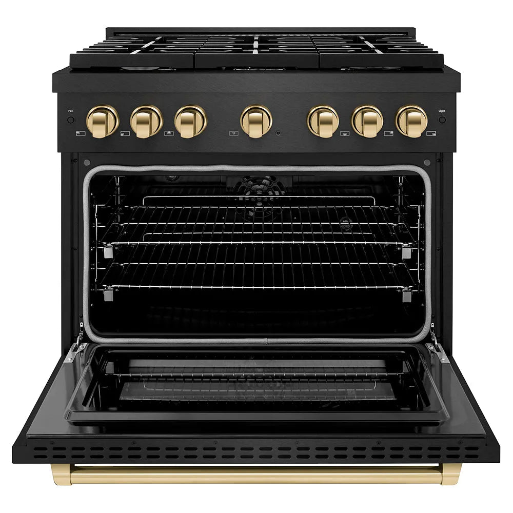 ZLINE Autograph Edition 36 in. 5.2 cu. ft. Paramount Dual Fuel Range with 6 Burner Gas Cooktop and Electric Convection Oven in Black Satin Stainless Steel with Polished Gold Accents (SDRBSZ-36-G) front, oven open.