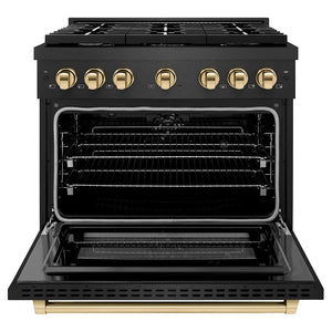 ZLINE Autograph Edition 36 in. 5.2 cu. ft. Paramount Dual Fuel Range with 6 Burner Gas Cooktop and Electric Convection Oven in Black Satin Stainless Steel with Polished Gold Accents (SDRBSZ-36-G) front, oven open.
