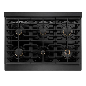 ZLINE Autograph Edition 36 in. 5.2 cu. ft. Paramount Dual Fuel Range with 6 Burner Gas Cooktop and Electric Convection Oven in Black Satin Stainless Steel with Polished Gold Accents (SDRBSZ-36-G) top-down, above cooktop.