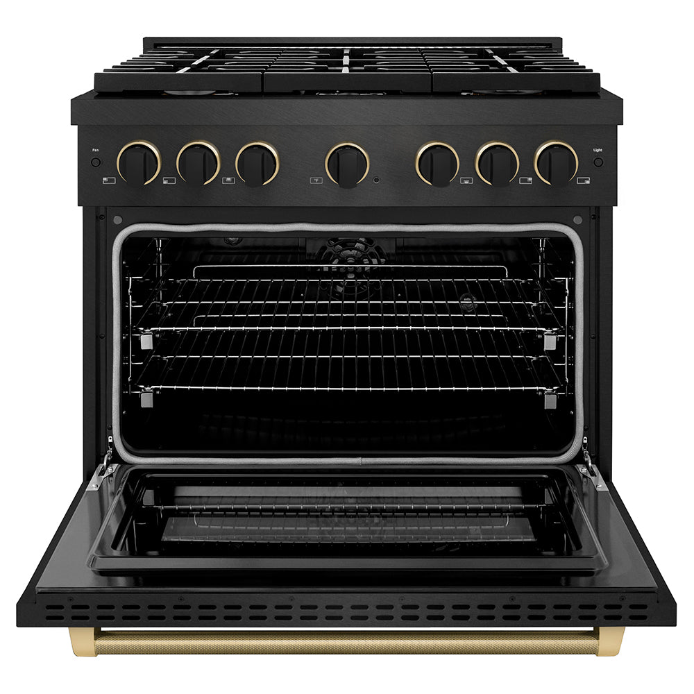 ZLINE Designer Collection 36 in. 5.2 cu. ft. Paramount Dual Fuel Range with 6 Burner Gas Cooktop and Electric Convection Oven in Black Satin Stainless Steel with Matte Black and Champagne Bronze Accents (SDRBSZ-36-MBCB) front, oven open.