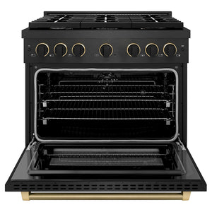 ZLINE Designer Collection 36 in. 5.2 cu. ft. Paramount Dual Fuel Range with 6 Burner Gas Cooktop and Electric Convection Oven in Black Satin Stainless Steel with Matte Black and Champagne Bronze Accents (SDRBSZ-36-MBCB) front, oven open.
