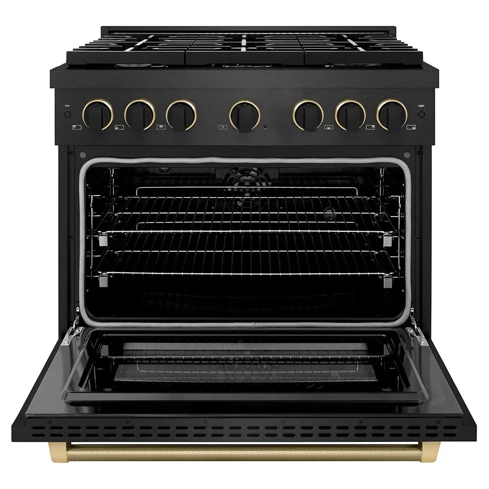 ZLINE Designer Collection 36 in. 5.2 cu. ft. Paramount Dual Fuel Range with 6 Burner Gas Cooktop and Electric Convection Oven in Black Satin Stainless Steel with Matte Black and Champagne Bronze Accents (SDRBSZ-36-MBCB) front, oven open.