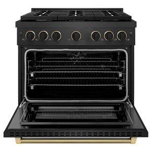 ZLINE Designer Collection 36 in. 5.2 cu. ft. Paramount Dual Fuel Range with 6 Burner Gas Cooktop and Electric Convection Oven in Black Satin Stainless Steel with Matte Black and Champagne Bronze Accents (SDRBSZ-36-MBCB) front, oven open.