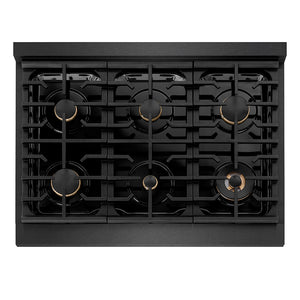 ZLINE Designer Collection 36 in. 5.2 cu. ft. Paramount Dual Fuel Range with 6 Burner Gas Cooktop and Electric Convection Oven in Black Satin Stainless Steel with Matte Black and Champagne Bronze Accents (SDRBSZ-36-MBCB) top-down, above cooktop.