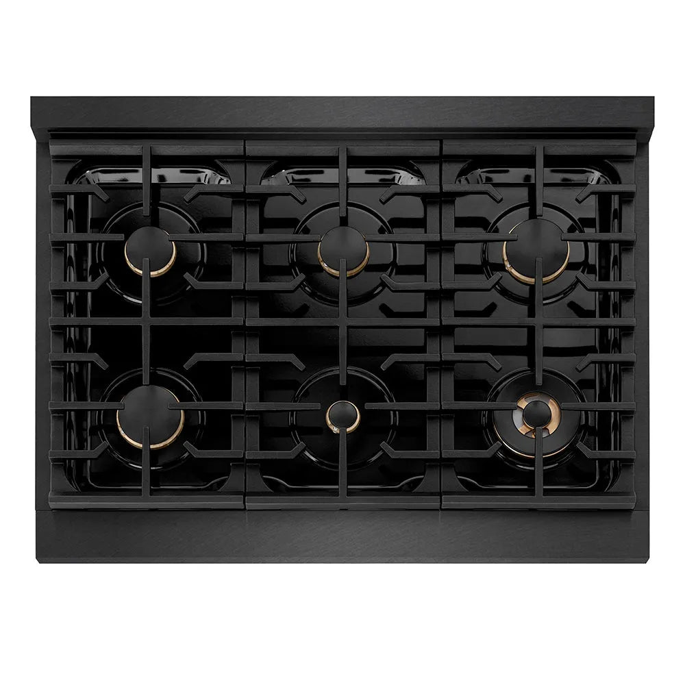 ZLINE Designer Collection 36 in. 5.2 cu. ft. Paramount Dual Fuel Range with 6 Burner Gas Cooktop and Electric Convection Oven in Black Satin Stainless Steel with Matte Black and Champagne Bronze Accents (SDRBSZ-36-MBCB) top-down, above cooktop.