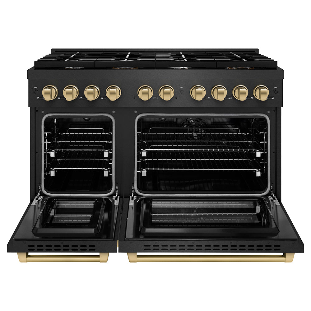 ZLINE Autograph Edition 48 in. 6.7 cu. ft. Paramount Double Oven Dual Fuel Range with 8 Burner Gas Cooktop in Black Satin Stainless Steel and Champagne Bronze Accents (SDRBSZ-48-CB) front, oven open.