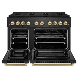 ZLINE Autograph Edition 48 in. 6.7 cu. ft. Paramount Double Oven Dual Fuel Range with 8 Burner Gas Cooktop in Black Satin Stainless Steel and Champagne Bronze Accents (SDRBSZ-48-CB) front, oven open.