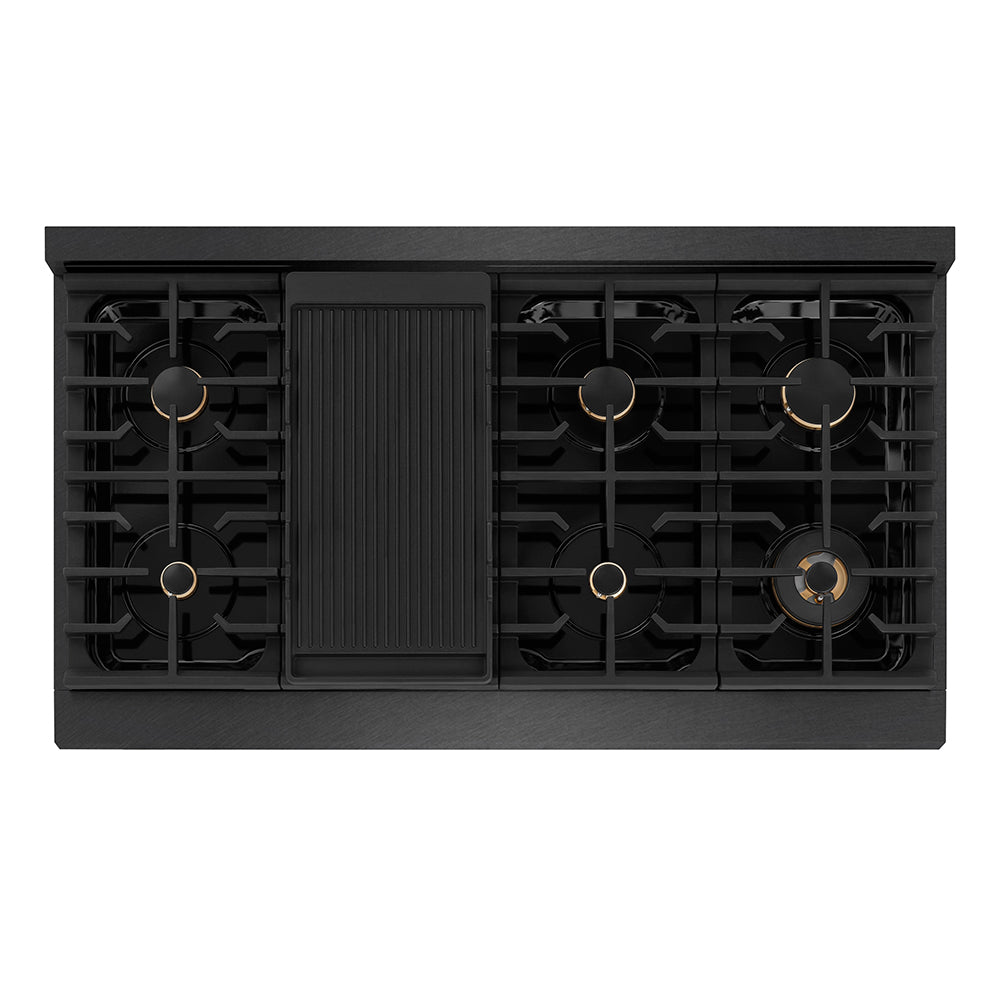 ZLINE Autograph Edition 48 in. 6.7 cu. ft. Paramount Double Oven Dual Fuel Range with 8 Burner Gas Cooktop in Black Satin Stainless Steel and Champagne Bronze Accents (SDRBSZ-48-CB) top-down, above cooktop.