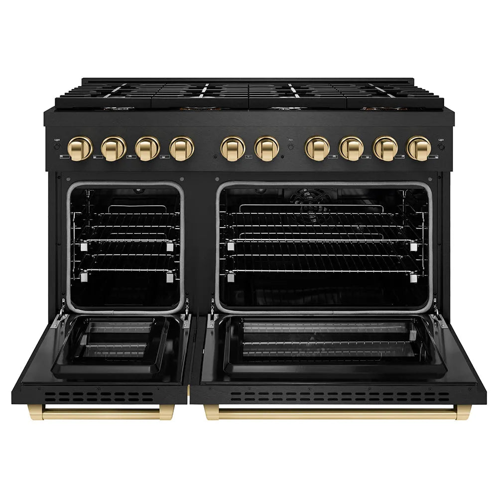 ZLINE Autograph Edition 48 in. 6.7 cu. ft. Paramount Double Oven Dual Fuel Range with 8 Burner Gas Cooktop in Black Satin Stainless Steel and Polished Gold Accents (SDRBSZ-48-G) front, oven open.