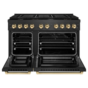 ZLINE Autograph Edition 48 in. 6.7 cu. ft. Paramount Double Oven Dual Fuel Range with 8 Burner Gas Cooktop in Black Satin Stainless Steel and Polished Gold Accents (SDRBSZ-48-G) front, oven open.