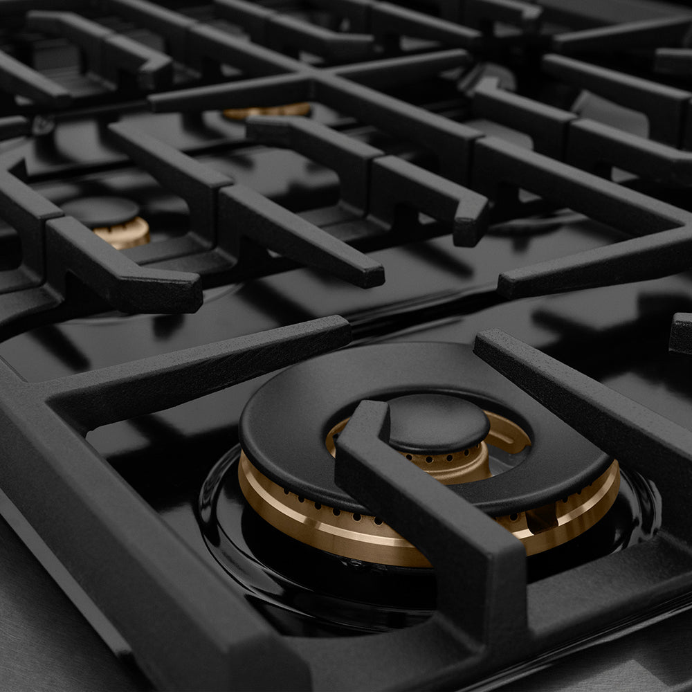 ZLINE Designer Collection 48 in. 6.7 cu. ft. Paramount Double Oven Dual Fuel Range with 8 Burner Gas Cooktop in Black Satin Stainless Steel with Matte Black and Champagne Bronze Accents (SDRBSZ-48-MBCB) burners and grates.