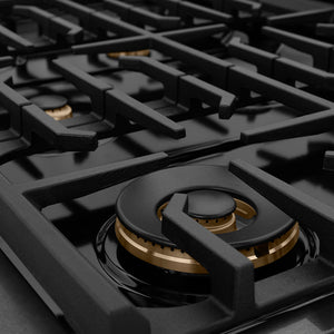 ZLINE Designer Collection 48 in. 6.7 cu. ft. Paramount Double Oven Dual Fuel Range with 8 Burner Gas Cooktop in Black Satin Stainless Steel with Matte Black and Champagne Bronze Accents (SDRBSZ-48-MBCB) burners and grates.