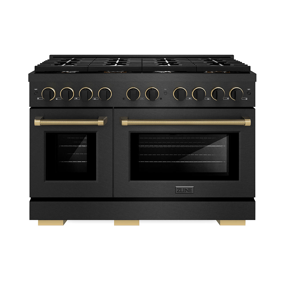 ZLINE Designer Collection 48 in. 6.7 cu. ft. Paramount Double Oven Dual Fuel Range with 8 Burner Gas Cooktop in Black Satin Stainless Steel with Matte Black and Champagne Bronze Accents (SDRBSZ-48-MBCB)