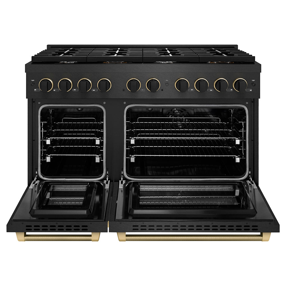 ZLINE Designer Collection 48 in. 6.7 cu. ft. Paramount Double Oven Dual Fuel Range with 8 Burner Gas Cooktop in Black Satin Stainless Steel with Matte Black and Champagne Bronze Accents (SDRBSZ-48-MBCB) front, oven open.