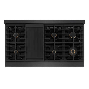 ZLINE Designer Collection 48 in. 6.7 cu. ft. Paramount Double Oven Dual Fuel Range with 8 Burner Gas Cooktop in Black Satin Stainless Steel with Matte Black and Champagne Bronze Accents (SDRBSZ-48-MBCB) top-down, above cooktop.