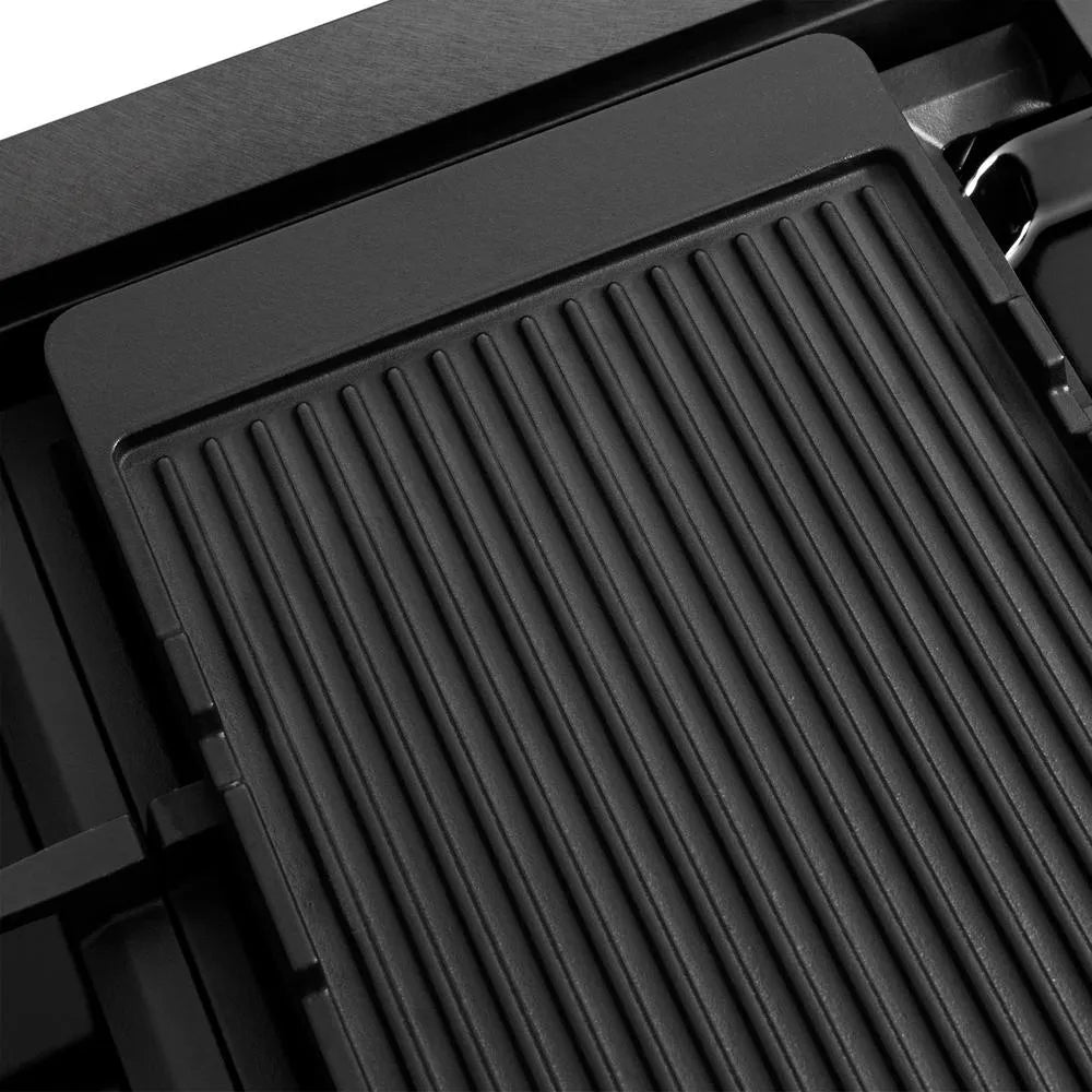 ZLINE 48 in. 6.7 cu. ft. Paramount Dual Fuel Range with 8 Burner DuoPro™ Cooktop and Dual Ovens in Black Satin Stainless Steel (PSDRBS-48) reversible griddle ribbed side.