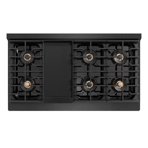 ZLINE Designer Collection 48 in. 6.7 cu. ft. Paramount Dual Fuel Range with 8 Burner DuoPro™ Cooktop and Dual Ovens in Black Satin Stainless Steel with Matte Black and Champagne Bronze Accents (PSDRBSZ-48-MBCB) top-down, above cooktop.