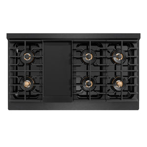 ZLINE Autograph Edition 48 in. 6.7 cu. ft. Paramount Dual Fuel Range with 8 Burner DuoPro™ Cooktop and Dual Ovens in Black Satin Stainless Steel and Polished Gold Accents (PSDRBSZ-48-G) top-down, above cooktop.