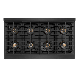 ZLINE Designer Collection 48 in. 6.7 cu. ft. Paramount Dual Fuel Range with 8 Burner DuoPro™ Cooktop and Dual Ovens in Black Satin Stainless Steel with Matte Black and Champagne Bronze Accents (PSDRBSZ-48-MBCB) top-down, above cooktop.