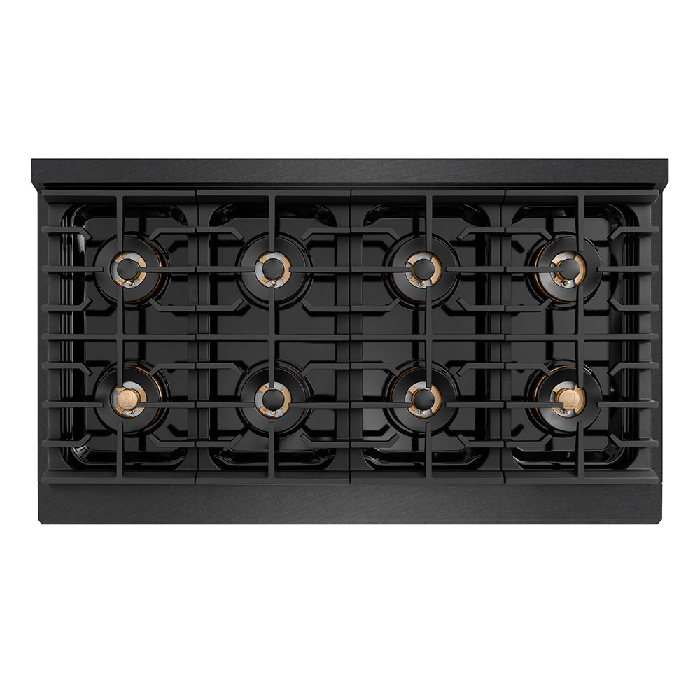 ZLINE Autograph Edition 48 in. 6.7 cu. ft. Paramount Dual Fuel Range with 8 Burner DuoPro™ Cooktop and Dual Ovens in Black Satin Stainless Steel and Polished Gold Accents (PSDRBSZ-48-G) top-down, above cooktop.