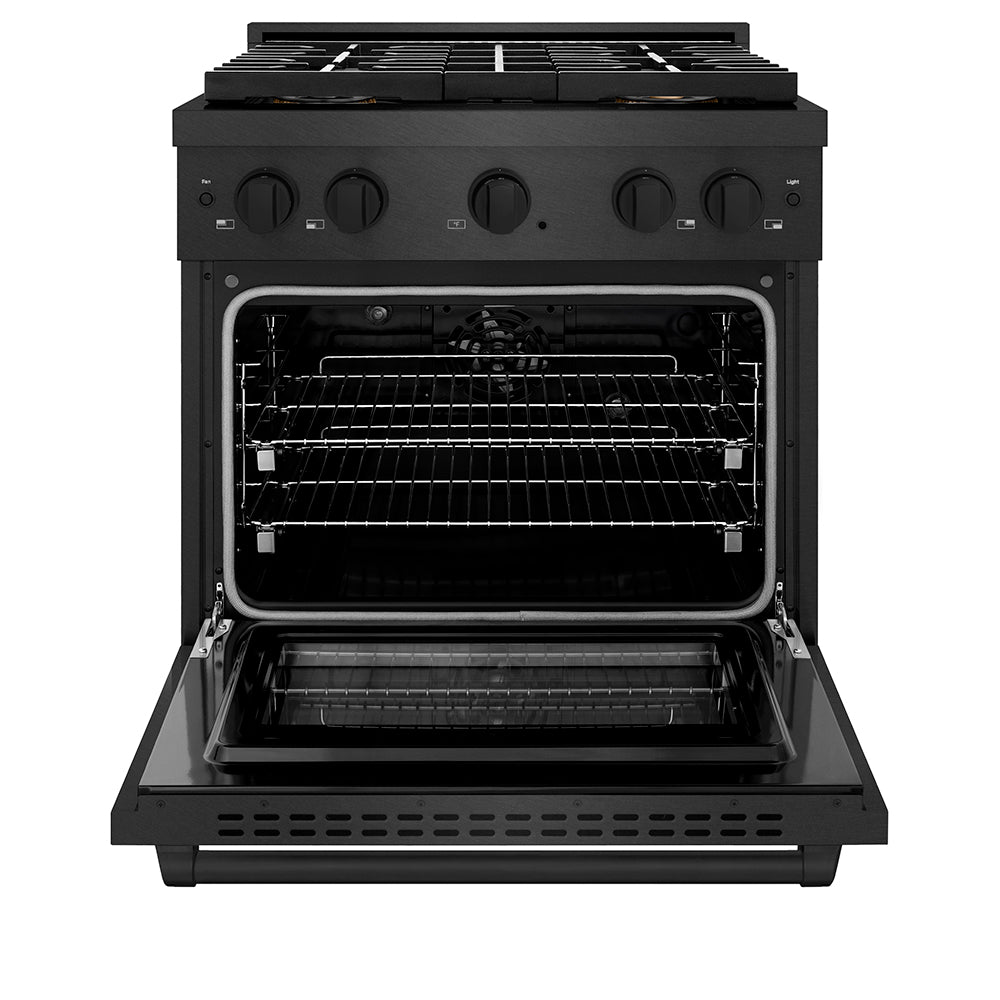 ZLINE 30 in. 4.2 cu. ft. Paramount Dual Fuel Range with 4 Burner DuoPro™ Cooktop and Electric Convection Oven in Black Satin Stainless Steel (PSDRBS-30) front, oven open.