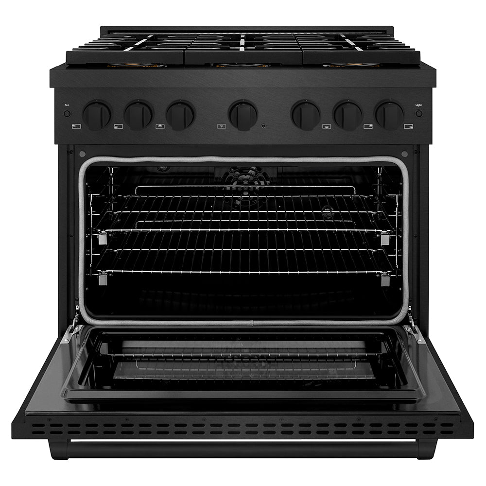 ZLINE 36 in. 5.2 cu. ft. Paramount Dual Fuel Range with 6 Burner DuoPro™ Cooktop and Electric Convection Oven in Black Satin Stainless Steel (PSDRBS-36) front, oven open.
