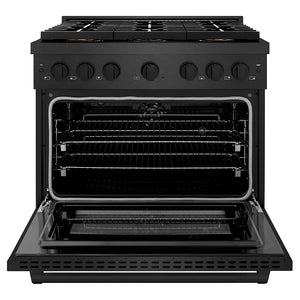 ZLINE 36 in. 5.2 cu. ft. Paramount Dual Fuel Range with 6 Burner DuoPro™ Cooktop and Electric Convection Oven in Black Satin Stainless Steel (PSDRBS-36) front, oven open.