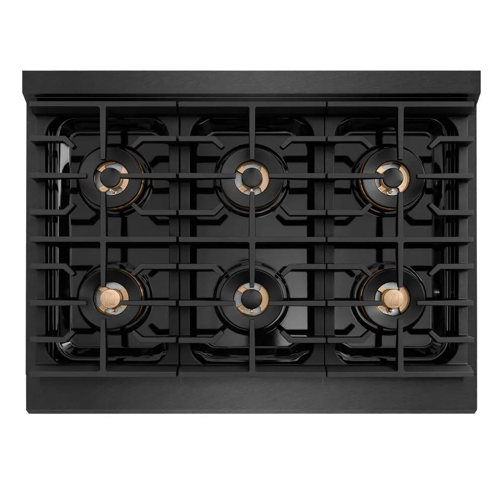 ZLINE 36 in. 5.2 cu. ft. Paramount Dual Fuel Range with 6 Burner DuoPro™ Cooktop and Electric Convection Oven in Black Satin Stainless Steel (PSDRBS-36) top-down, above cooktop.