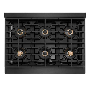 ZLINE 36 in. 5.2 cu. ft. Paramount Dual Fuel Range with 6 Burner DuoPro™ Cooktop and Electric Convection Oven in Black Satin Stainless Steel (PSDRBS-36) top-down, above cooktop.