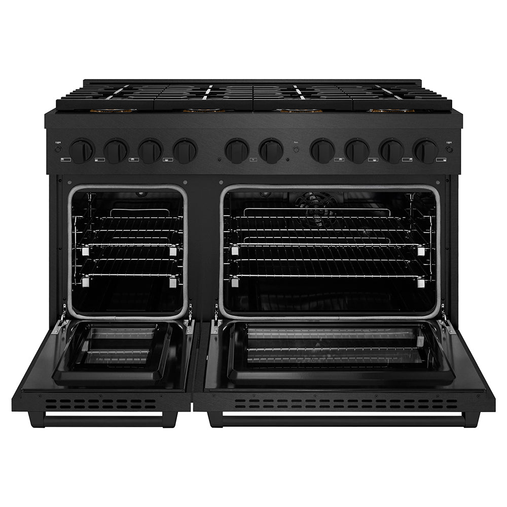 ZLINE 48 in. 6.7 cu. ft. Paramount Dual Fuel Range with 8 Burner DuoPro™ Cooktop and Dual Ovens in Black Satin Stainless Steel (PSDRBS-48) front, oven open.