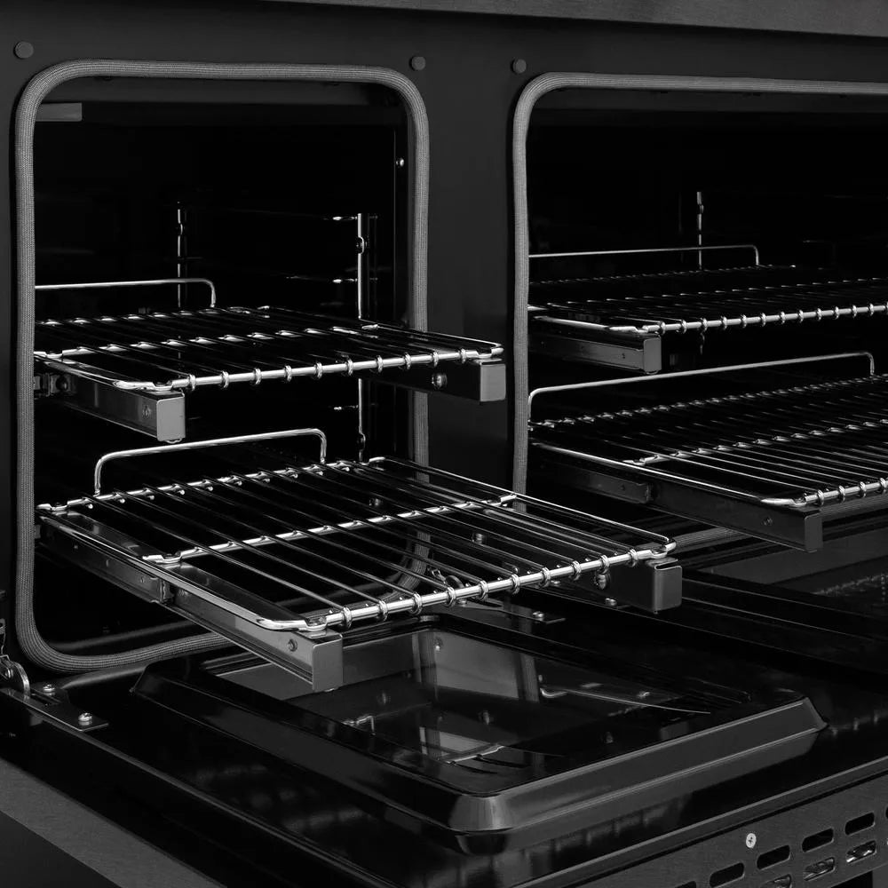 ZLINE 48 in. 6.7 cu. ft. Paramount Dual Fuel Range with 8 Burner DuoPro™ Cooktop and Dual Ovens in Black Satin Stainless Steel (PSDRBS-48) open oven with racks inside, showing interior design and layout.