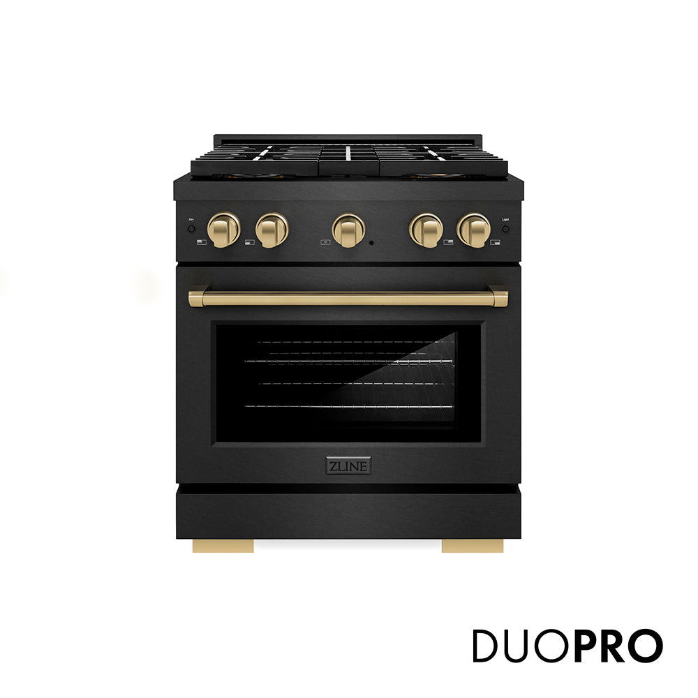 ZLINE Autograph Edition 30 in. 4.2 cu. ft. Paramount Dual Fuel Range with 4 Burner DuoPro™ Cooktop and Electric Convection Oven in Black Satin Stainless Steel and Champagne Bronze Accents (PSDRBSZ-30-CB) front, with DuoPro™ logo.