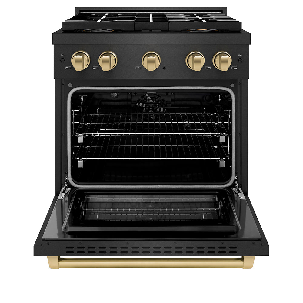 ZLINE Autograph Edition 30 in. 4.2 cu. ft. Paramount Dual Fuel Range with 4 Burner DuoPro™ Cooktop and Electric Convection Oven in Black Satin Stainless Steel and Champagne Bronze Accents (PSDRBSZ-30-CB) front, oven open.