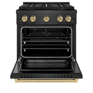 ZLINE Autograph Edition 30 in. 4.2 cu. ft. Paramount Dual Fuel Range with 4 Burner DuoPro™ Cooktop and Electric Convection Oven in Black Satin Stainless Steel and Champagne Bronze Accents (PSDRBSZ-30-CB) front, oven open.