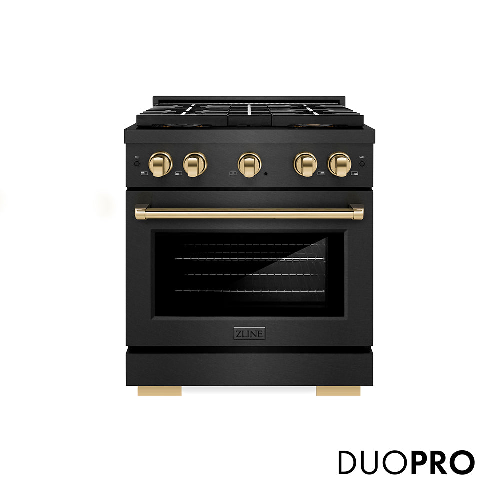 ZLINE Autograph Edition 30 in. 4.2 cu. ft. Paramount Dual Fuel Range with 4 Burner DuoPro™ Cooktop and Electric Convection Oven in Black Satin Stainless Steel and Polished Gold Accents (PSDRBSZ-30-G) front, with DuoPro™ logo.