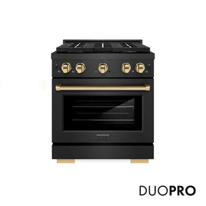 ZLINE Autograph Edition 30 in. 4.2 cu. ft. Paramount Dual Fuel Range with 4 Burner DuoPro™ Cooktop and Electric Convection Oven in Black Satin Stainless Steel and Polished Gold Accents (PSDRBSZ-30-G) front, with DuoPro™ logo.