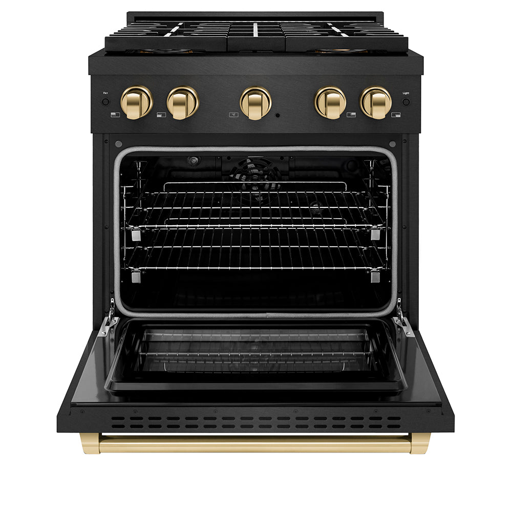 ZLINE Autograph Edition 30 in. 4.2 cu. ft. Paramount Dual Fuel Range with 4 Burner DuoPro™ Cooktop and Electric Convection Oven in Black Satin Stainless Steel and Polished Gold Accents (PSDRBSZ-30-G) front, oven open.
