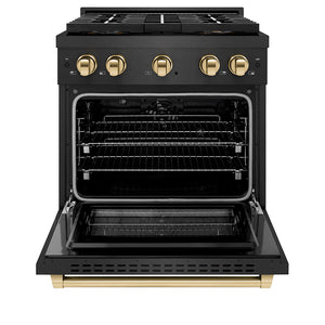 ZLINE Autograph Edition 30 in. 4.2 cu. ft. Paramount Dual Fuel Range with 4 Burner DuoPro™ Cooktop and Electric Convection Oven in Black Satin Stainless Steel and Polished Gold Accents (PSDRBSZ-30-G) front, oven open.