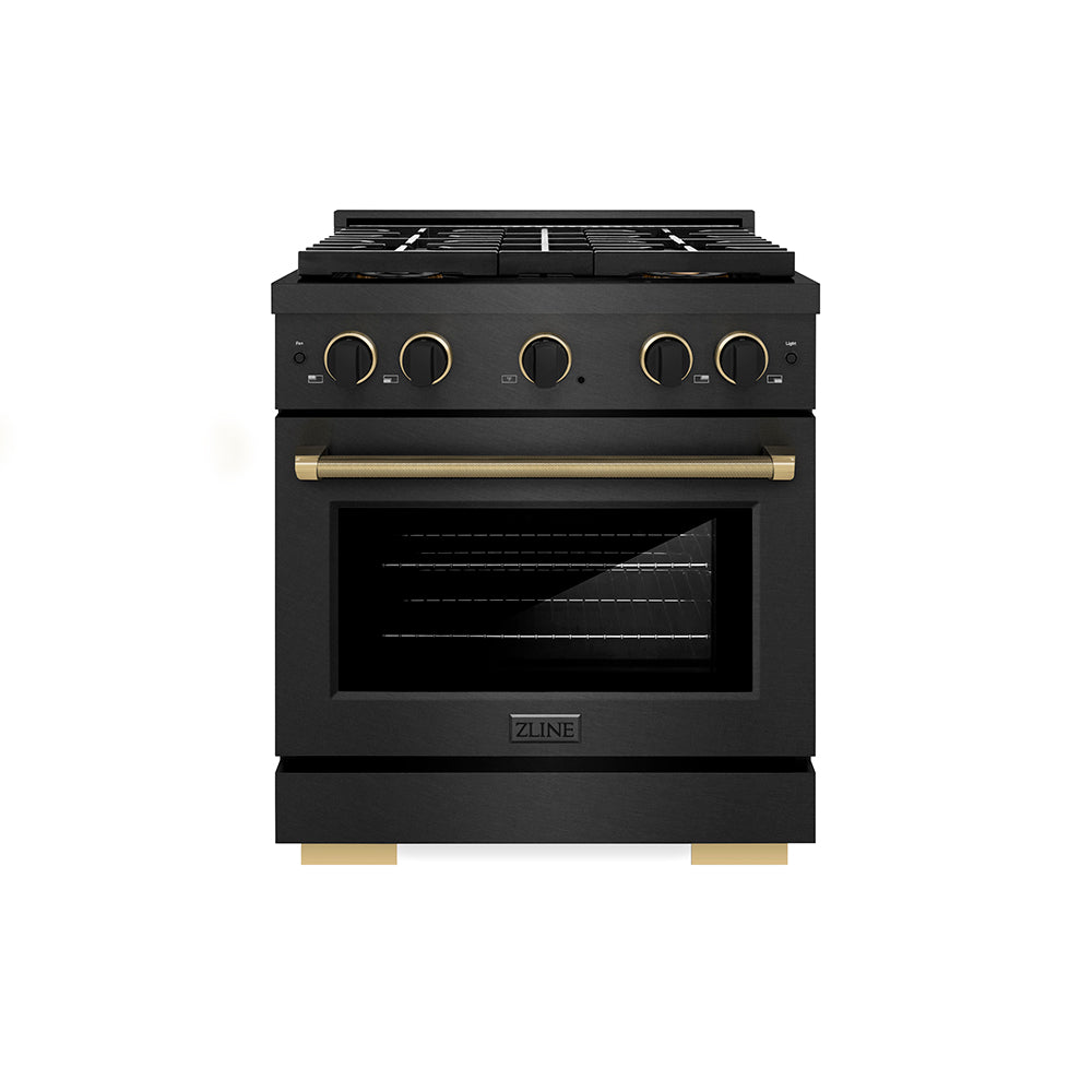 ZLINE Designer Collection 30 in. 4.2 cu. ft. Paramount Dual Fuel Range with 4 Burner DuoPro™ Cooktop and Electric Convection Oven in Black Satin Stainless Steel with Matte Black and Champagne Bronze Accents (PSDRBSZ-30-MBCB)