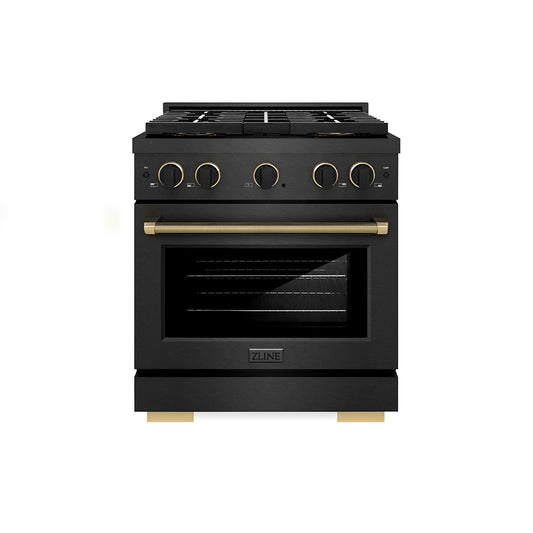 ZLINE Designer Collection 30 in. 4.2 cu. ft. Paramount Dual Fuel Range with 4 Burner DuoPro™ Cooktop and Electric Convection Oven in Black Satin Stainless Steel with Matte Black and Champagne Bronze Accents (PSDRBSZ-30-MBCB)
